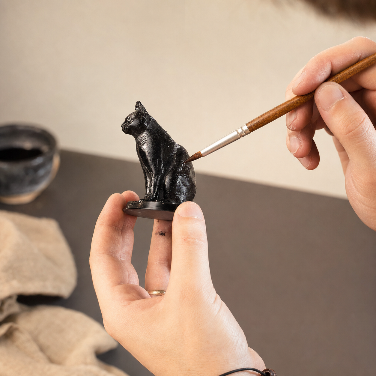 Pintando a mano una vela de gato negro